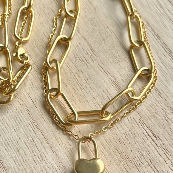 Paperclip Necklace Gold Plated Stainless Steel Heart Charm, New Trendy, classic - Picture 3 of 4